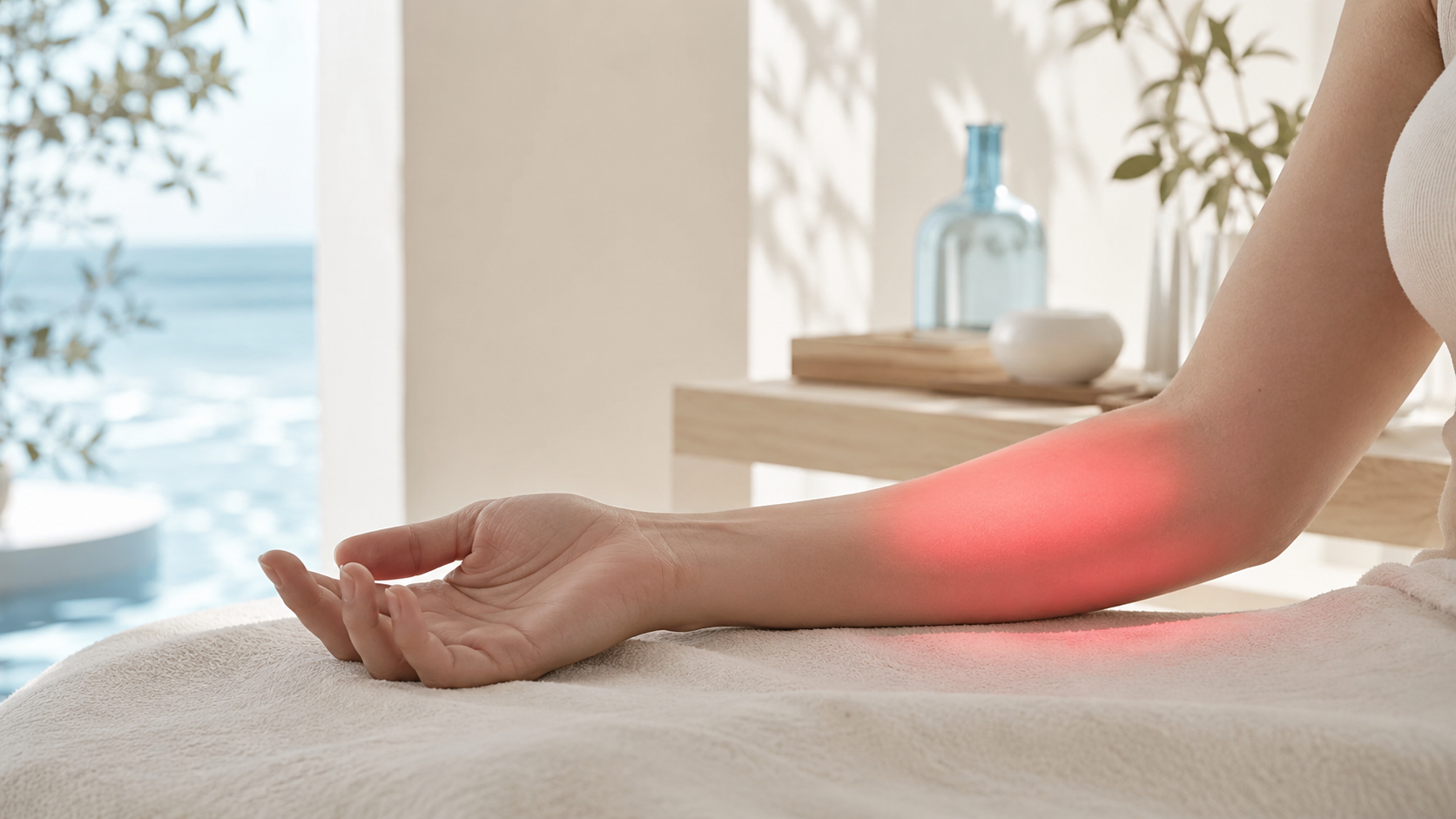 Photobiomodulation und LLLT als moderne Lichtanwendung mit sanftem rotem Lichtimpuls in heller Wellness-Umgebung.