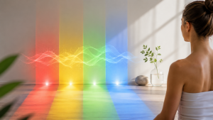 Sanfte Lichtbänder in Rot, Gelb, Grün und Blau erscheinen in einem hellen Wellnessraum als Symbol für Spektralfarben und LLLT.