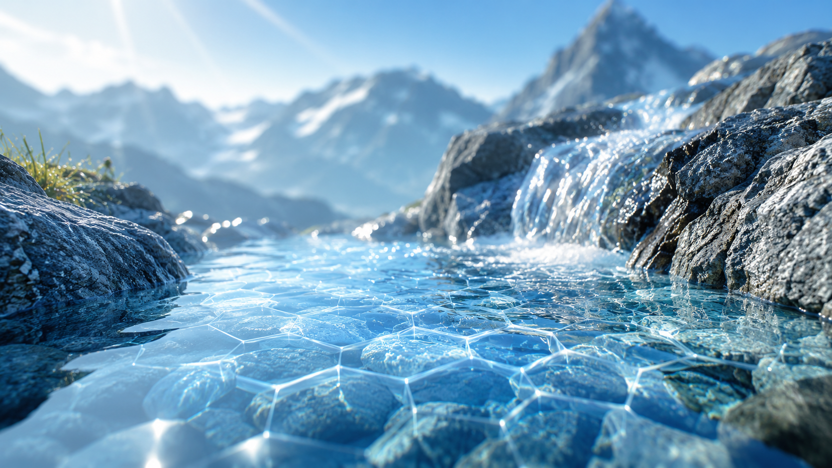 Kristallklares Gebirgswasser mit symbolisch dargestellter hexagonaler Wasserstruktur in einer hellen alpinen Berglandschaft.